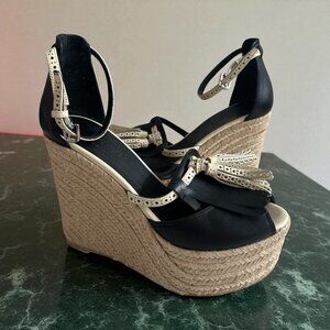 POLO RALPH LAUREN Black Cream Leather Platform Espadrilles Wedges Size 37 / US 7